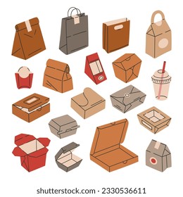 Cardboard food delivery containers. Paper takeaway food packaging, carton bags and boxes. Fast food wrappers flat vector illustration set