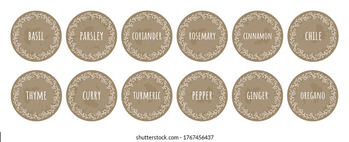 Cardboard food labels or stickers. It can be used for marking kitchen food containers with spices. Labels, stickers, craft decals, floral frame and spice name in English.