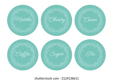 Cardboard food labels or stickers. It can be used for marking kitchen food containers. Labels, stickers, craft decals, floral frame and drinks name in English.