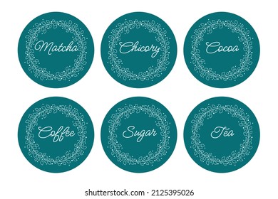 Cardboard food labels or stickers. It can be used for marking kitchen food containers. Labels, stickers, craft decals, floral frame and drinks name in English.