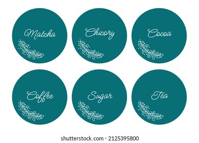 Cardboard food labels or stickers. It can be used for marking kitchen food containers. Labels, stickers, craft decals, floral frame and drinks name in English.