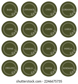 Cardboard food labels or stickers. It can be used for marking kitchen food containers with spices. Labels, stickers, craft decals, floral frame and spice name in English