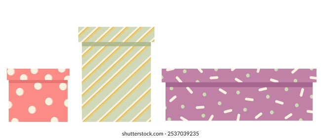Cardboard gift box set. Front side gift packaging. Each isolated on white background. Cartoon vector flat illustration.
