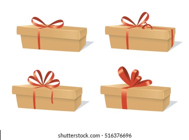 Cardboard gift boxes with different ribbons. Cartoon style vector graphic. Isolated on white.