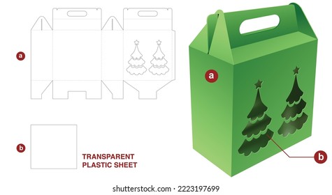 Cardboard handle box and Christmas tree window with transparent plastic sheet die cut template