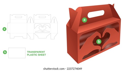 Cardboard handle box with hand heart window die cut template with transparent plastic sheet and 3D mockup