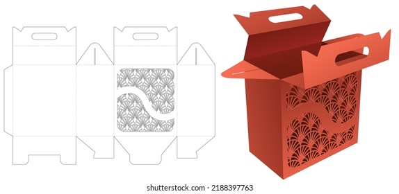 Cardboard handle box with stenciled Japanese pattern die cut template and 3D mockup