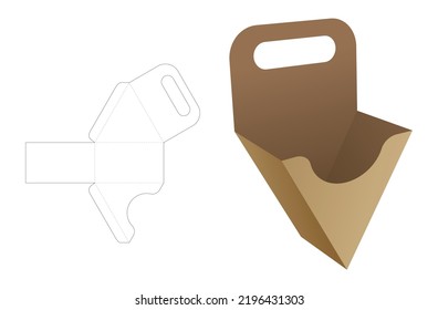 Cardboard handle french fries triangular container die cut template and 3D mockup