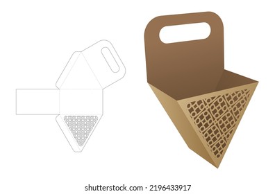 Cardboard handle french fries triangular container with stenciled luxury window die cut template and 3D mockup