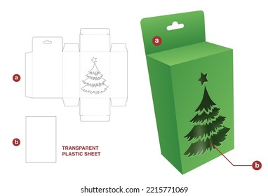 Cardboard hanging box with Christmas tree window and transparent plastic sheet die cut template and 3D mockup