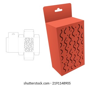 Cardboard hanging box with stenciled Memphis pattern die cut template and 3D mockup