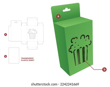 Cardboard hanging box with stenciled popcorn window and transparent plastic sheet die cut template and 3D mockup