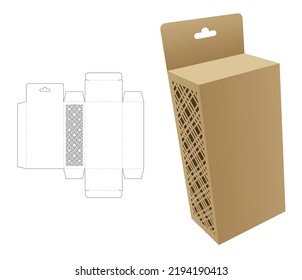 Cardboard hanging box with stenciled striped pattern on side wall die cut template and 3D mockup