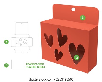 Cardboard hanging packaging with hearts window die cut template and 3D mockup