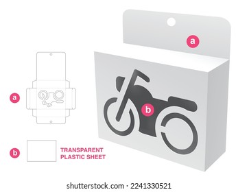 Cardboard hanging packaging with motorcycle window die cut template and 3D mockup