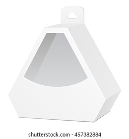 Cardboard Hexagon Triangle Carry Box Bag Packaging With Hang Slot For Food, Gift Or Other Products. On White Background Isolated. Ready For Your Design. Product Packing Vector EPS10