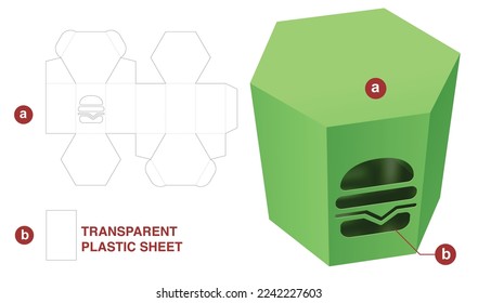 Cardboard hexagonal box with burger window die cut template and 3D mockup