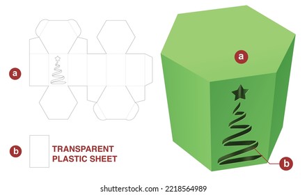 Cardboard hexagonal box with Christmas tree window die cut template and 3D mockup