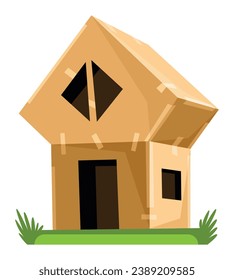 Cardboard house building. Kids game home. New house, real estate concept. Box building for kids playing. Big toy constructions. Vector illustration in flat style