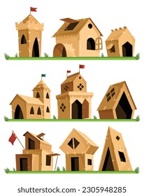 Cardboard house buildings. Kids game homes. New house, real estate concepts. Box buildings for kids playing. Big toys constructions. Vector illustration in flat style