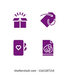 cardboard icon. 4 cardboard set with box, price tag, cards and poster vector icons for web and mobile app