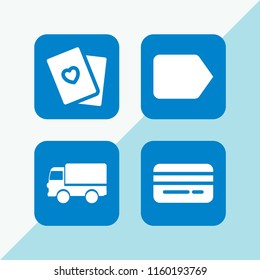 cardboard icon. 4 cardboard set with cards, tag, deliver and card vector icons for web and mobile app