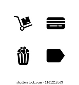 cardboard icon. 4 cardboard set with popcorn, tag, distribution and card vector icons for web and mobile app