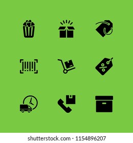 cardboard icon. 9 cardboard set with distribution, logistics delivery truck and clock, popcorn and archive black box vector icons for web and mobile app