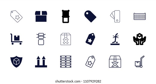 Cardboard icon. collection of 18 cardboard filled and outline icons such as parcel, tag, cargo arrow up, no standing nearby. editable cardboard icons for web and mobile.