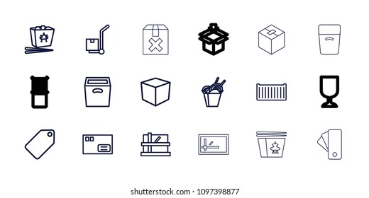 Cardboard icon. collection of 18 cardboard outline icons such as parcel, tag, box, chinese fast food, cargo box. editable cardboard icons for web and mobile.