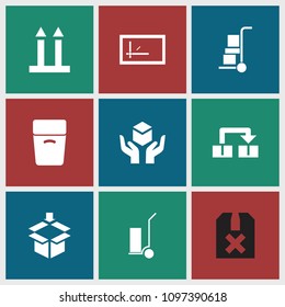 Cardboard icon. collection of 9 cardboard filled icons such as cart cargo, object move, parcel, cargo arrow up, handle with care. editable cardboard icons for web and mobile.