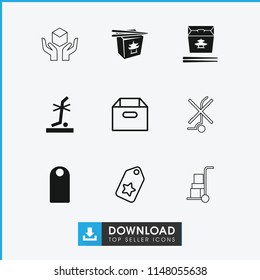 Cardboard icon. collection of 9 cardboard filled and outline icons such as chinese fast food, no standing nearby, tag, box. editable cardboard icons for web and mobile.