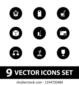 Cardboard icon. collection of 9 cardboard filled icons such as box, no standing nearby, cargo on cart, parcel, fragile cargo, tag. editable cardboard icons for web and mobile.