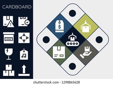  cardboard icon set. 13 filled cardboard icons. Simple modern icons about  - Conveyor, Package, Side up, Fragile, Label, Box, Move, Tag, Cardboard