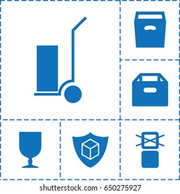 Cardboard icon. set of 6 cardboard filled icons such as cart cargo, fragile cargo