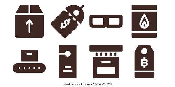 cardboard icon set. 8 filled cardboard icons. Included Conveyor, Box, Door hanger, Price label, 3d glasses, Price tag, Matchbox icons