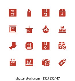 cardboard icon set. Collection of 16 filled cardboard icons included Label, Package, Waste, Box, Boxes, Production, Price tag
