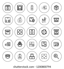 Cardboard icon set. collection of 25 outline cardboard icons with caddy, box, conveyor, door hanger, move, package, tag icons. editable icons.
