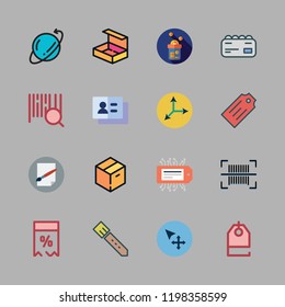 cardboard icon set. vector set about warehouse, business card, tag and barcode icons set.