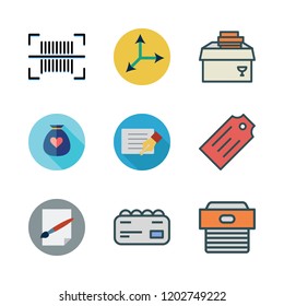 cardboard icon set. vector set about card, tag, box and business card icons set.