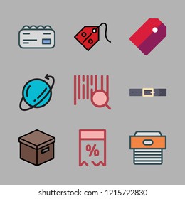 cardboard icon set. vector set about barcode, price tag, box and tag icons set.