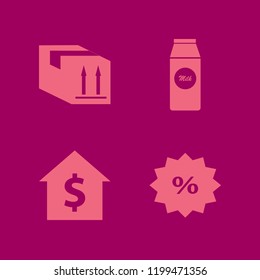 cardboard icon. cardboard vector icons set discount tag, house rent, parcel box and pack milk