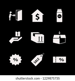 cardboard icon. cardboard vector icons set courier gives parcel, open box, sale ticket and sale tag