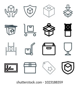 Cardboard icons. set of 16 editable outline cardboard icons such as box, chinese fast food, fragile cargo, handle with care, cargo on cart, parcel