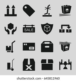 Cardboard icons set. set of 16 cardboard filled icons such as cart cargo, chinese fast food, cargo arrow up, handle with care, no standing nearby, sale tag, tag, object move