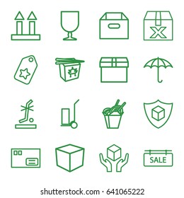 Cardboard icons set. set of 16 cardboard outline icons such as cart cargo, chinese fast food, cargo arrow up, handle with care, no standing nearby, sale tag, parcel, box, tag