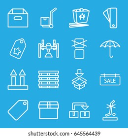 Cardboard icons set. set of 16 cardboard outline icons such as tag, chinese fast food, cargo box, cargo arrow up, no standing nearby, box, sale tag