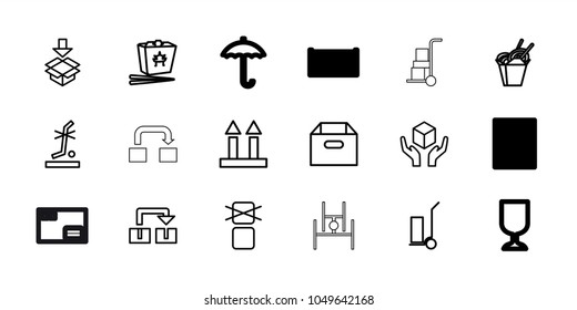 Cardboard icons. set of 18 editable outline cardboard icons: cart cargo, box, chinese fast food, cargo arrow up, handle with care, no standing nearby, object move