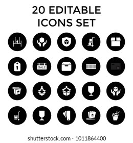 Cardboard icons. set of 20 editable filled cardboard icons such as tag, box, chinese fast food, fragile cargo. best quality cardboard elements in trendy style.