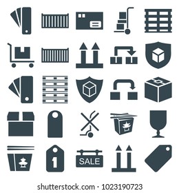 Cardboard icons. set of 25 editable filled cardboard icons such as tag, parcel, box, chinese fast food, cargo box, cargo arrow up, object move, sale tag